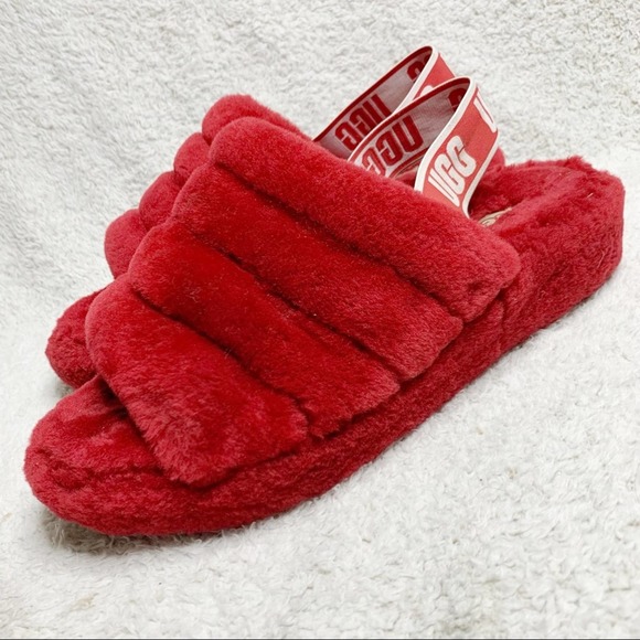 UGG Shoes - UGG Fluff Yeah Sheepskin Slipper Sandals in Ribbon Red Women's Size 10